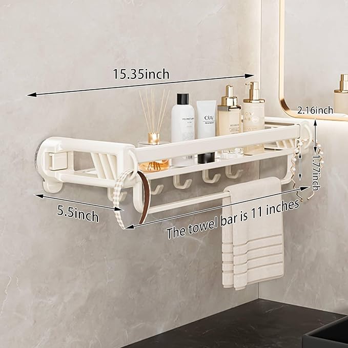 12" Shower Caddy Suction Cup, Concealed Shower Shelves Suction Cup with Hooks & Towel Bar, NO-Drilling Suction Shelf for Bathroom & Kitchen - White
