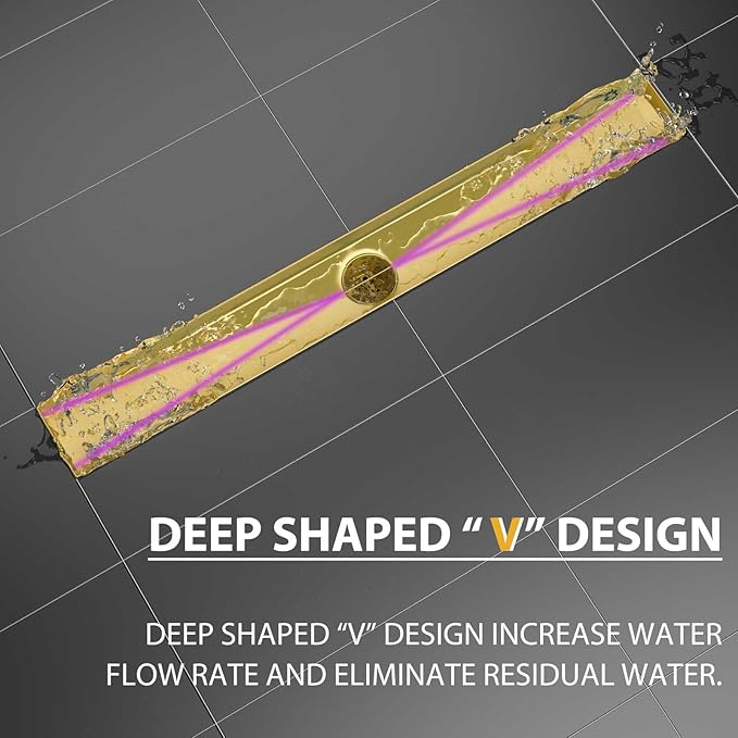 SaniteModar Linear Shower Drain, Gold Shower Drain 24 inch with Removable Grate,Brushed 304 Stainless Steel Linear Drain with Hair Strainer & Leveling Feet