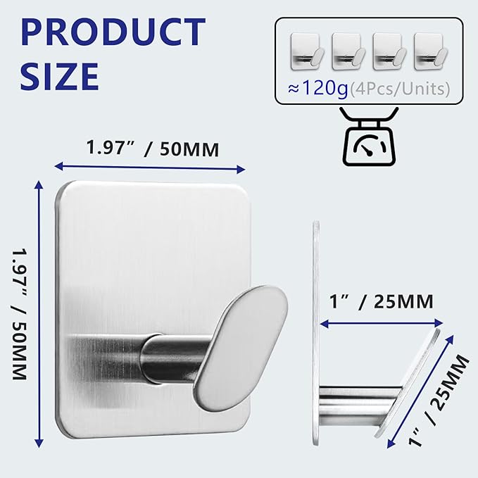 Adhesive Shower Hooks Heavy Duty Metal, Brushed Nickel Towel Hooks Stick On Wall Hanger for Hanging Coat, Hat, Robe Hook for Bathroom Kitchen Decorations, 304 Stainless Steel (4 Packs)