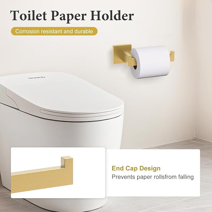 TURS Brushed Gold 4-Pieces Bathroom Hardware Set Towel Bar Set Include 16 Inch Single Towel Bar Towel Holder Toilet Paper Holder Towel Wall Mounted Robe Hook, Stainless Steel