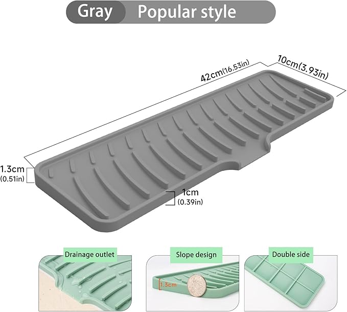 Silicone Dish Drying Mat for Kitchen Bathroom Faucet Pad Sink Splash Guard Drain Mat Coffee Maker or Sink Heat-resistant Dish Drainer Mat Non-Slip Cushion 16.54x3.94in Gray
