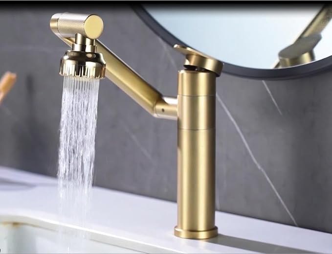 Bathroom Faucet Champagne Gold 1080 Degree Swivel Lavatory Basin Sink Faucet 1 Handle Big Angle Spray Aerator Spout Extender Universal Rotating Splash Filter 2 Water Outlet Modes