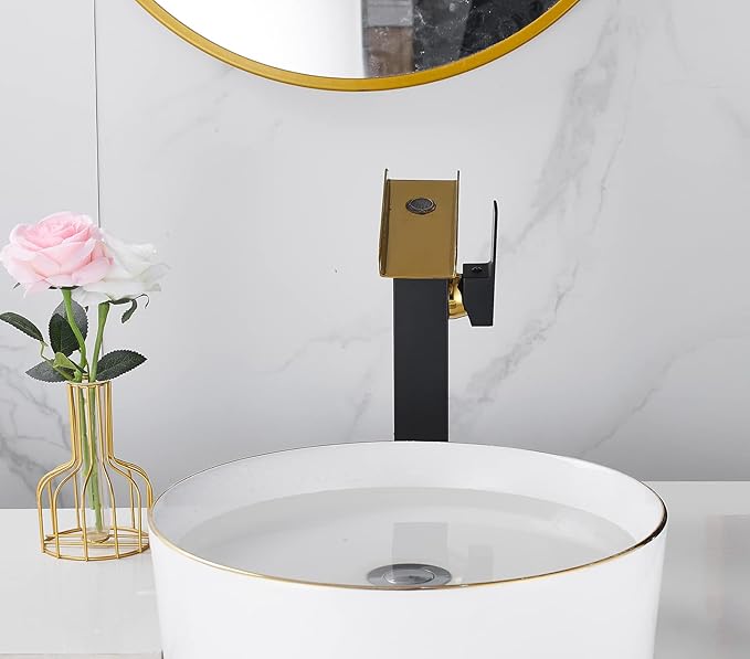 Bathroom Vessel Sink Faucet LED Light Black Gold,Hydropower LED 3 Colors Changing Waterfall Spout, Hot and Cold Water Mixer, Single Handle Single Hole Commercial Residential Bathroom Tap Faucet