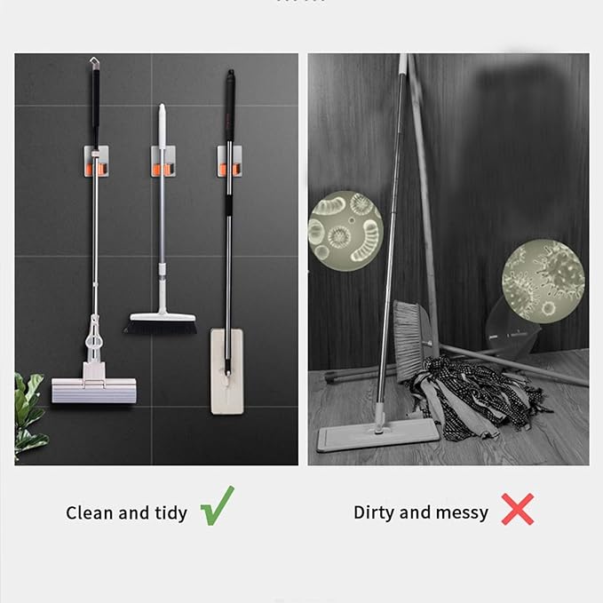 Stainless Steel Self Adhesive Broom Holder Wall Mount - Heavy Duty Mop and Broom Hooks Organizer, No Drill Magnetic Broom Hanger for Kitchen, Bathroom, Garage-Orange (4 Pack)
