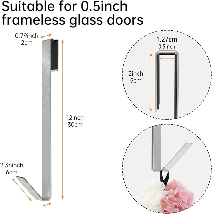 Linone 12 in Shower Door Hooks, Towel Hooks for Bathrooms, Shower Hooks for Towels, Heavy Duty Drilling-Free Extended Over Door Towel Hooks for Frameless Glass Shower Door, 3 Pack