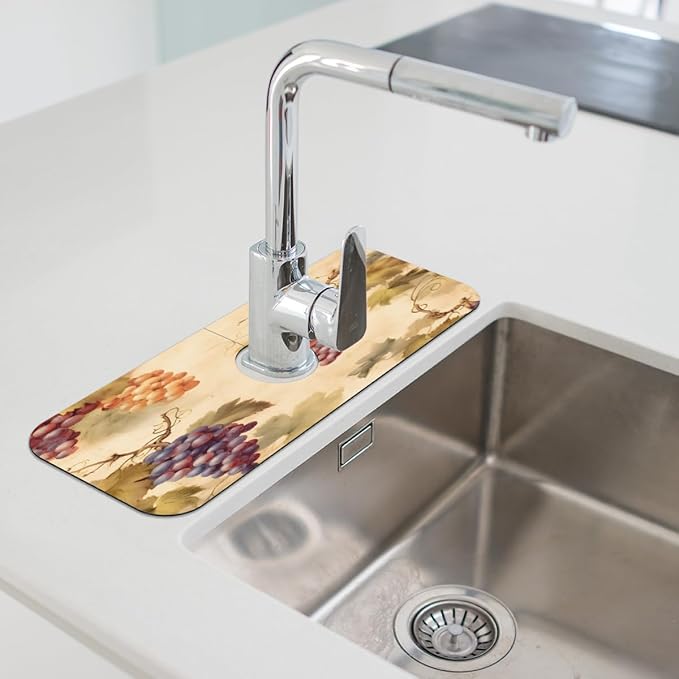 Vintage Grape Kitchen Faucet Mat Splash Guard, 15.4”x5.7” Absorbent Quick Drying Sink Mat for Countertop Protection, Draining Mat Sink Protectors For Kitchen Bathroom, 1 Pack