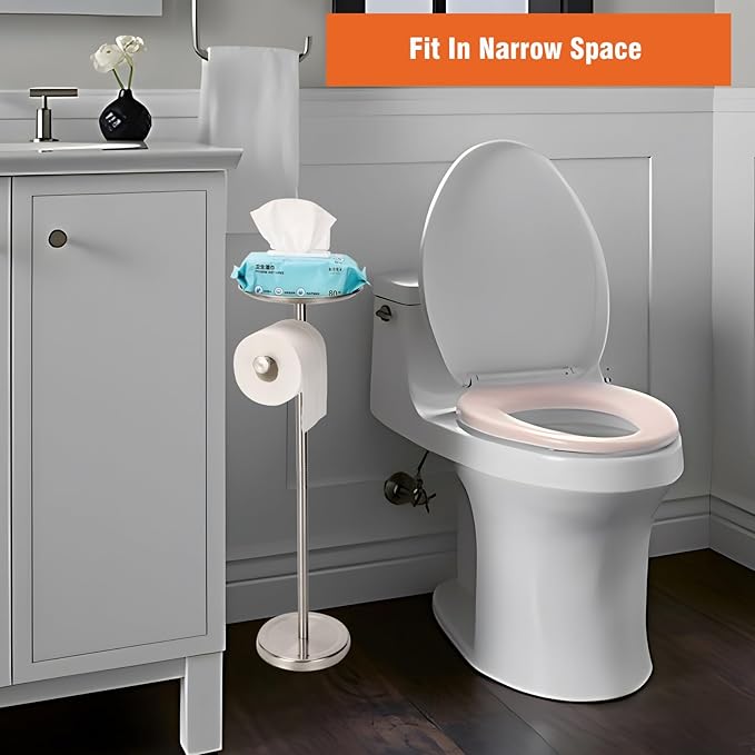 Tofix Freestanding Toilet Paper Holder with Shelf and Tray, Stainless Steel Base, Brushed Nickel
