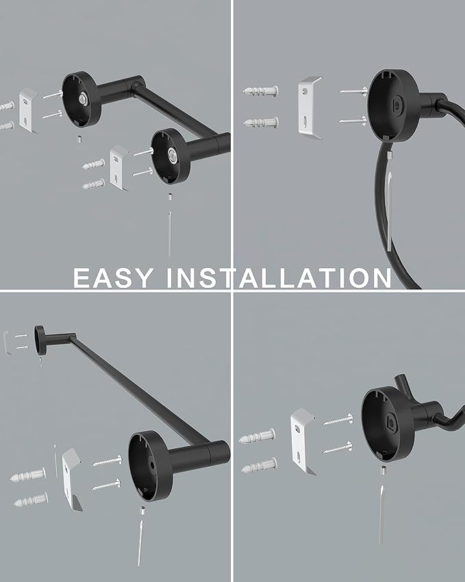 4 Pieces Bathroom Hardware Accessories Set (18-Inch Single Towel Bar, Towel Ring, Toilet Paper Holder, Double Towel Hooks) Matte Black Stainless Steel and Zinc Alloy Wall Mounted