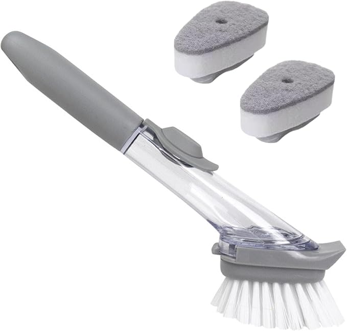 Dish Brush,Dish Scrubber with Soap Dispenser Dish Wand Kitchen Brushes for Dishes Includes Three Brush Heads