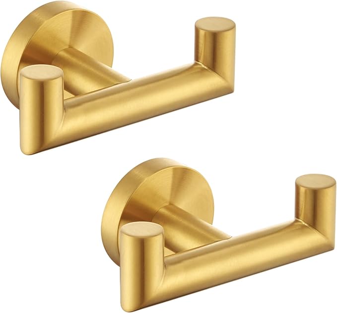 Angle Simple Towel Double Hook Brassy Gold 2 PCS, SUS304 Stainless Steel Bathroom Hand Towel Holder, Double Robe Hook, Wall Mount