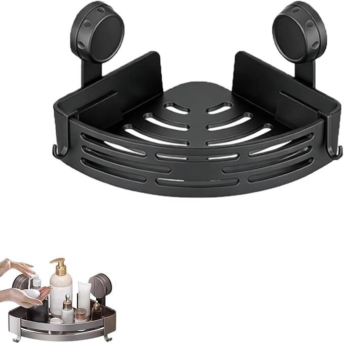 Triangle Suction Cup Shower Caddy, Corner Shower Shelves No Drilling, Upgrade Suction Cup Shower Organizer with Towel Bar & Hooks, Heavy-Duty Strong Hold (Black, 1pc)