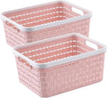 Plastic Storage Bin Baskets, Toilet Paper Basket for Bathroom, Plastic Organizer Shower Caddy with Handles for Living Room (Medium Pink 2 Pack)
