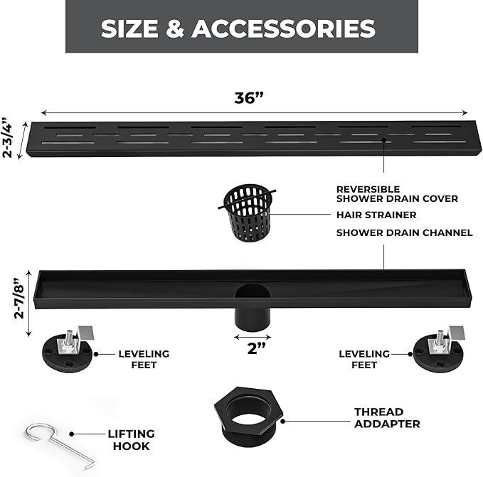 36 Inch Rectangular Linear Shower Drain Set with Brick Pattern Grate, 304 Stainless Steel Bathroom Floor Drain with Hair Catcher, Shower Floor Drain Includes Adjustable Leveling Feet