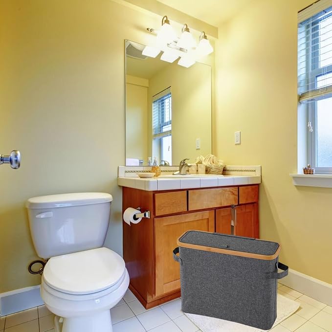 Toilet Paper Storage Basket with Lid for Mega Rolls, Large Bamboo Toilet Paper Organizer Storage Holder Stand for Bathroom, Enclosed Tissue Storage Bin Box Container Free Standing, Gray