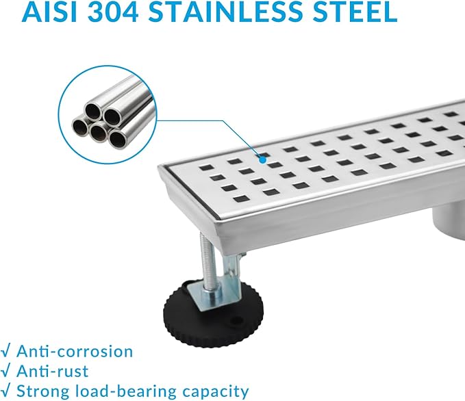 12 Inch Removable Cover Linear Shower Drain 304 Stainless Steel Rectangular Floor Drain for Kitchen Bathroom Square Hole Pattern Drain with Accessories Hair Strainer Adjustable Leveling Feet (Silver)