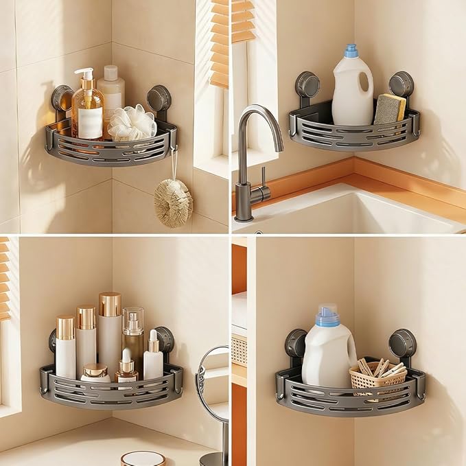 No-Drill Bathroom Corner Shelf, 3 Tier Corner Shelf Bathroom, Suction Cup Corner Shower Shelf, Wall Mounted Storage Rack for Bathroom & Kitchen (1PCS-Gray)