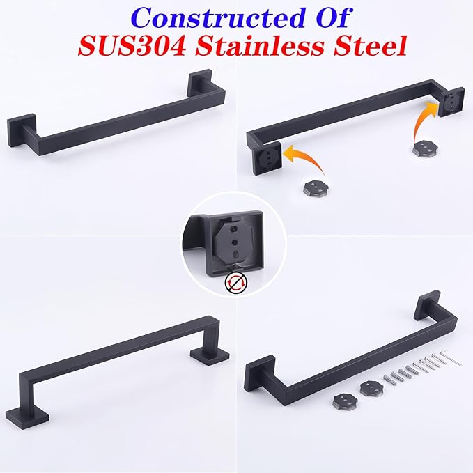 GERZWY 16-Inch Matte Black Bathroom Towel Bar SUS 304 Stainless Steel Bath Towel Bar Modern Style Wall Mount FG160140-BK
