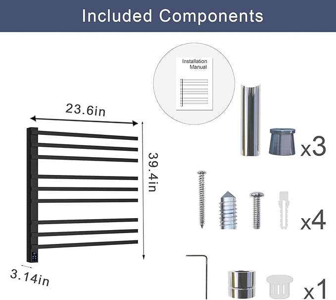 WarmRackCo Heated Towel Rack, Stainless Steel, 39.4 x 23.6 x 3.14 Inches, 304 Stainless Steel, Wall-Mounted, Rectangular, 9-Bar with Smart Timer & Temperature Control