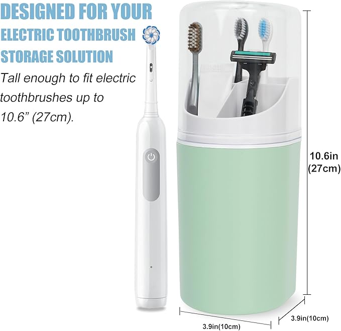 Tall Electric Toothbrush Holder with Cover, 10.6" Dust Proof Bathroom Caddy Fits Adults Electric Toothbrushes, Toothpaste, Wall Mount or Countertop Organizer with Removable Dividers, 4 Slots (Green)
