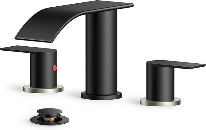 FORIOUS Bathroom Faucets, Waterfall Bathroom Sink Faucet with Metal Pop up Drain and cUPC Hose for Basin, Vanity, RV, Pedestal 2 or 3 Hole Sink, 8 Inch, Black and Brushed Nickel