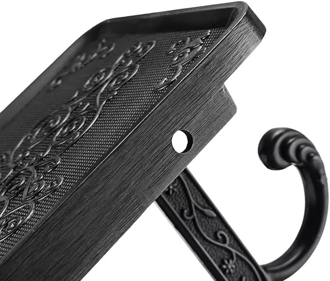 Vintage Carved Floral Toilet Paper Holder with Shelf - Matte Black Aluminum Bathroom Organizer, Wall Mounted Decorative Roll Holder for Bathroom/Vanity (7.24" Phone Shelf, Black Finish)
