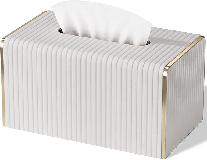 Extra Large Tissue Box Cover for Standard Size 180 to 230 Count Box of Tissues, PU Leather Rectangle Tissue Holder with Magnetic Closure， Gold-Tone Edging Decoration (Ivory)