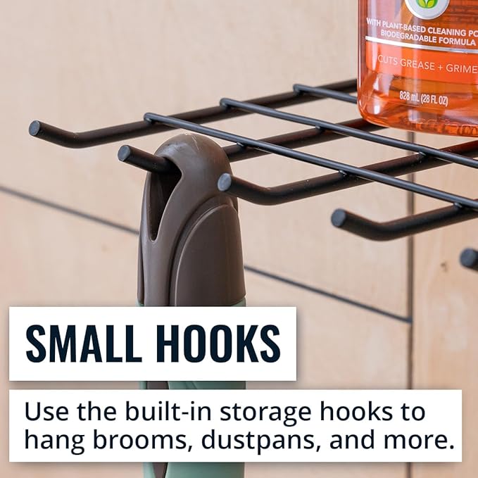 StoreYourBoard The Afton Laundry Room Shelf, Wire Shelving Wall Mounted, Hanging Hooks for Broom and Mop, Cleaning Supplies Shelf for Home and Garage, 17.5" x 9"
