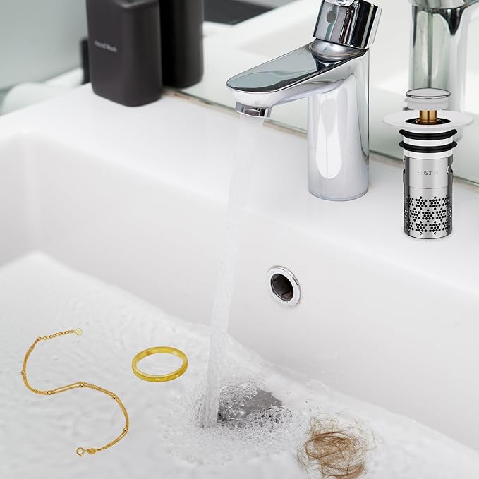 Bathroom Sink Drain Strainer 3 Pcs Universal Stainless Steel Drain Strainer Ceramic White Bathroom Sink Strainer for Sewer, Kitchen(For Calibre 1.2-1.5in)