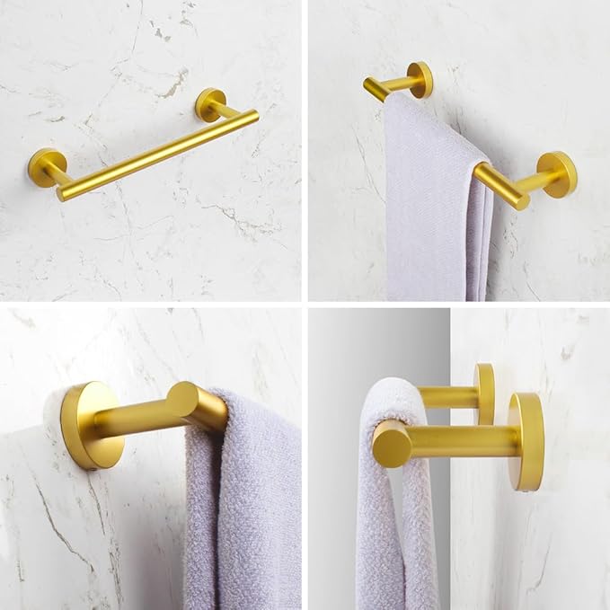 Gold 5-Pieces Bathroom Hardware Set Wall Mounted - Includes 24" Double Towel Bar, 12" Hand Towel Bar, Toilet Paper Holder, 2X Robe Towel Hooks