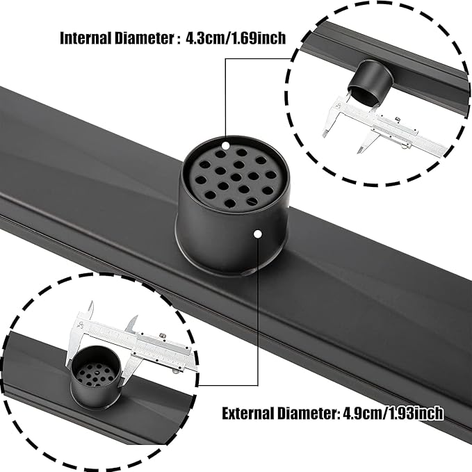 12 inch Linear Shower Drain with Removable Square Hole Panel by Using 304 Stainless Steel Process, Linear Drain Equipped with Adjustable Feet and Hair Strainer（Matte Black Color）