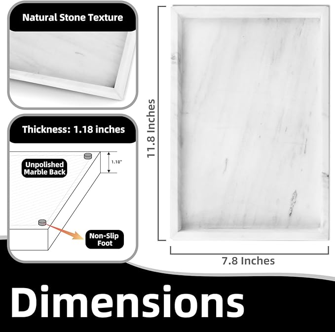 Yew & Tulip Natural Marble Vanity Tray, Nature White Marble with Spots Serving Tray for Bathroom, Kitchen, Vanity, Home Decor, Wedding etc. (12" x 8" x 1.2")