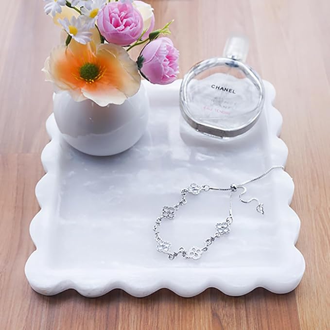 Luxurious White Marble Decorative Tray with Scalloped Edge, Elegant Serving and Vanity Organizer for Bathroom, Kitchen, Bar Display 7.8" L*7.8" W*0.7" H