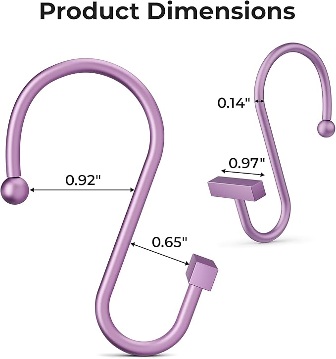 Purple Shower Curtain Hooks, Bathway Shower Curtain Rings Rust Proof, 12PCS Shower Hooks for Shower Curtain, T-Bar Design Convenient Elegant Shower Curtain Hangers for Bathroom Kitchen Wardrobe