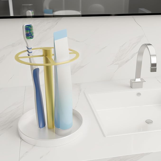 Toothbrush Holders Stand for Bathroom,4 Slot Toothbrush Organizer with Non-Slip Base, Holds Electric Toothbrushes, Toothpaste ， Razors, Countertop Toothbrush Storage Gold and White