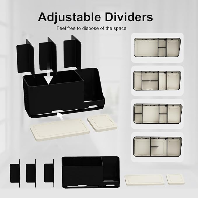 JUMEIHUI Bathroom Countertop Organizer with Water Absorbent Diatomite,8 Slots Bathroom Toothbrush Holder with Adjustable Dividers,Bathroom Sink Organizer Countertop (Black)