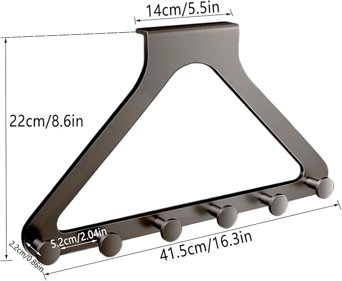 Grey Door Hook Metal Material Integrated Triangle 6 Hooks for Hanging Clothes, Hats, Hangers, Wallets, Towels, Keys on The Door