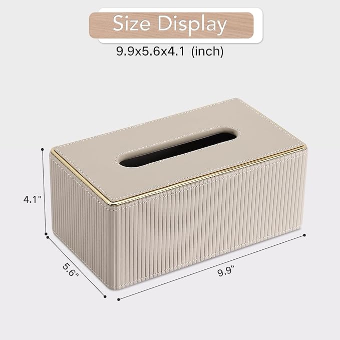 GORESE Rectangular Tissue Box Cover, PU Leather Kleenexs Box Cover, Rectangle Decorative Tissue Box Holder for 120(3-Ply)/160(2-Ply) Tissue Box, Beige