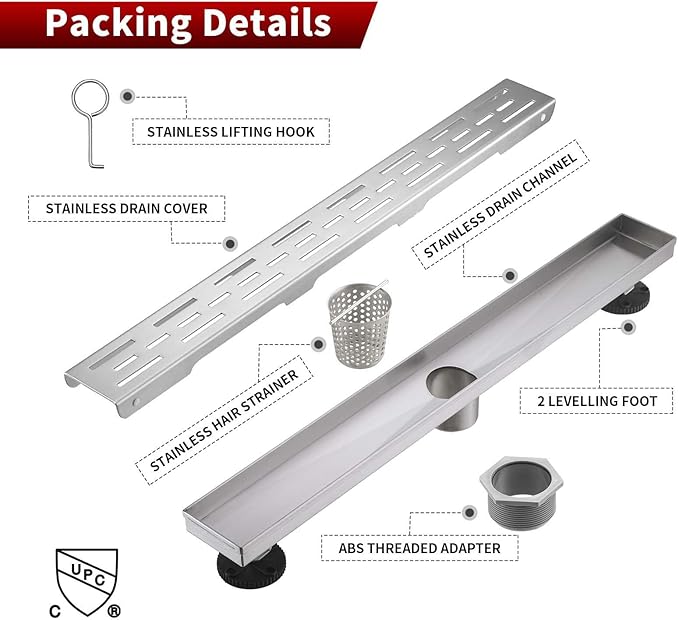 Sharp-tec Linear Shower Drain, 48 inch Shower Drain with Removable Pattern Cover, Brushed Nickel 304 Stainless Steel Rectangle Floor Drain, Adjustable Feet and Hair Strainer Included (Model 101)