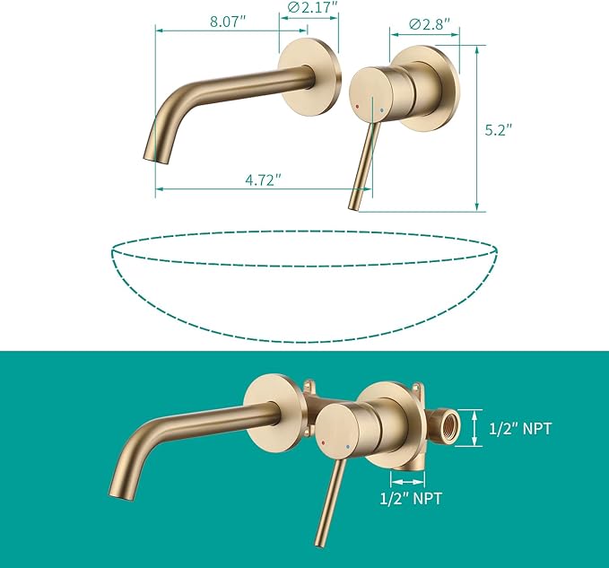 Weshi Bathroom Faucets Wall Mount Brushed Gold Bathroom Basin Faucet - Single Handle Vanity Tap - Curved Wall Spout Sink Faucet with Rough-in Valve