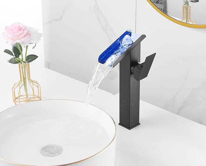 Bathroom Vessel LED Faucet 3 Color Changing Light Waterfall Single Handle One Hole Bowl Sink Faucet Vanity Lavatory Deck Mount Mixer Tap Tall Body Modern Restroom 1 Hole Supply Lines