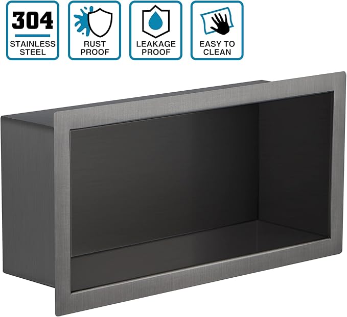 12"×6" Shower Niche Brushed Stainless Steel, Recessed Shower Caddy, Bathroom Shelf Insert Fits for 11"x5.1" Wall Hole Installation (Light Black)