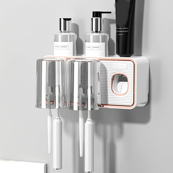 Toothbrush Holder with Toothpaste Dispenser, Wall Mounted Tooth Brush Organizer with 2 Brush Slots, Self Adhesive Toothbrush Holder for Shower (White)