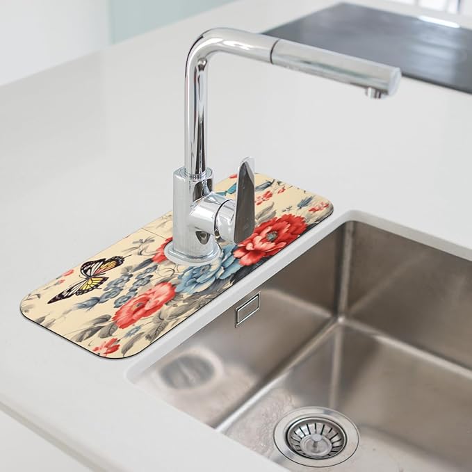 Vintage Floral Butterfly Kitchen Faucet Mat Splash Guard, 15.4”x5.7” Absorbent Quick Drying Sink Mat for Countertop Protection, Draining Mat Sink Protectors For Kitchen Bathroom, 2 Pack