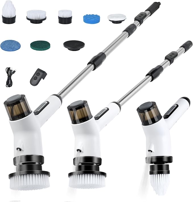 11 in 1 Electric Spin Scrubber Cordless Shower Scrubber with 2 Adjustable Speeds Spray Shower LED Display Shower Cleaner Brush with Long Handle for Bathroom Floor Tub Tile Toilet IPX7 Waterproof