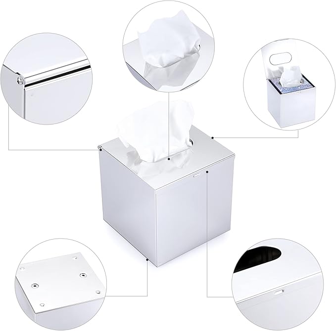 Sumnacon Square Stainless Steel Tissue Box Cover - Wall Mounted Stylish Paper Facial Cover, Modern Metal Tissue Box Holder for Bedroom/Bathroom/Vanity/Countertop/Dresser/Night Stand/Office/Car, Polish