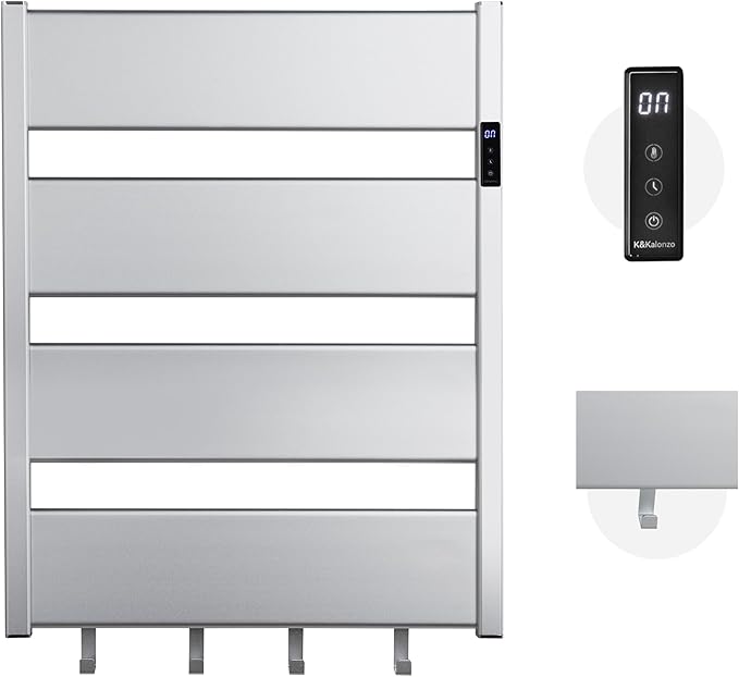 K&KALONZO Towel Warmer for Bathroom,Wall-Mounted Heated Towel Rack with Built-in Timer,Waterproof Alumnimum Electric Towel Heater, Support Plug-in and Hardwired, Sliver,H4-S