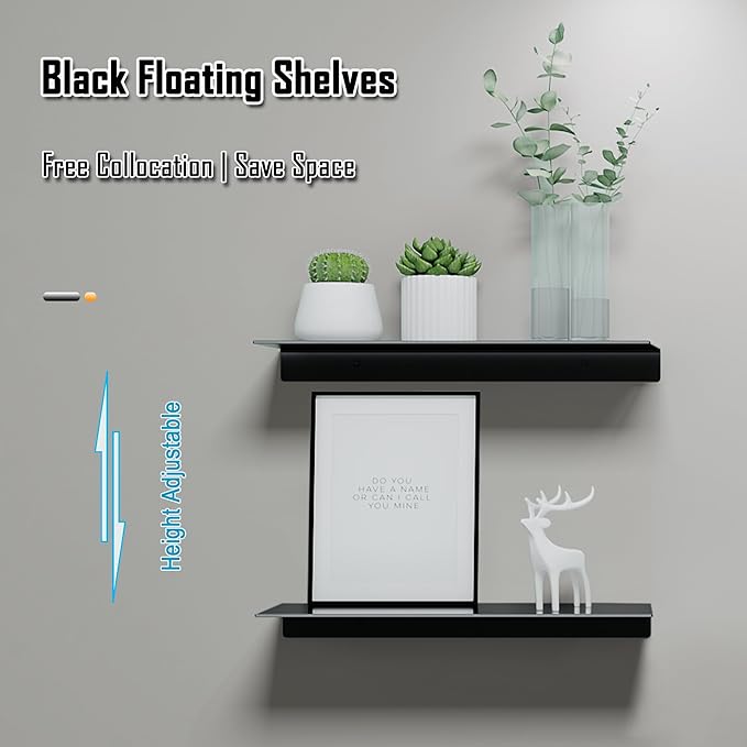 Metal Floating Shelves Set of 2, Length 30CM, Black Wall Shelf for Bathroom, Display Shelves for Wall Decorative for Living Room, Bedroom, Hallway, Office
