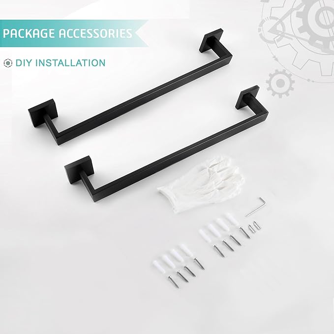 LANC 2 Pack 16-Inch Bathroom Towel Bars, Total-18" Bathroom Square Towel Racks Kitchen Hand Towel Holders SUS304 Stainless Steel Wall Mount Towel Hanger Towel Rods, Matte Black A8804-4MB