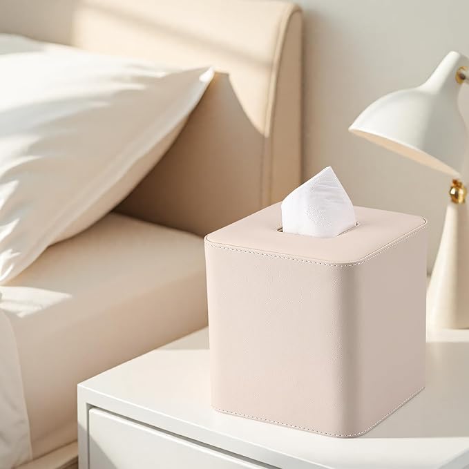 GORESE Leather Tissue Box Cover Square Kleenexs Box Cover, Cute Tissue Box Holder for Cube Box Tissues, Tissue Cover for Bedroom, Living Room, Bathroom, Beige