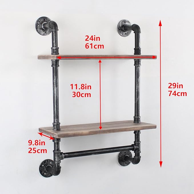 MBQQ Shelving Bathroom Pipe Shelves with Towel Bar Over Toilet, 24 inch Pine Wood Floating Shelves for Wall Mounted Bedroom,Kitchen, Farmhouse, Living Room